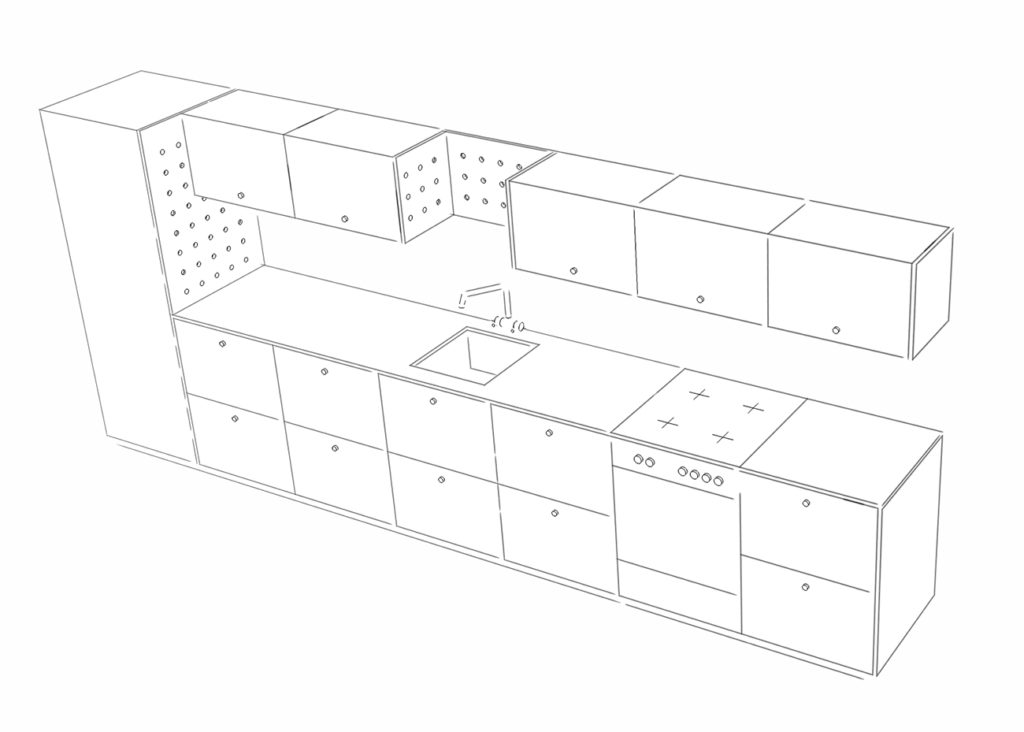 Preisbeispiele für eine Maxi-Küche mit fünf Schrankelementen, zehn Schubladen und einem Ausschnitt in der Arbeitsplatte für ein Spülbecken sowie Pegboards über der Spüle und als Seitenteil für den Hochschrank.
